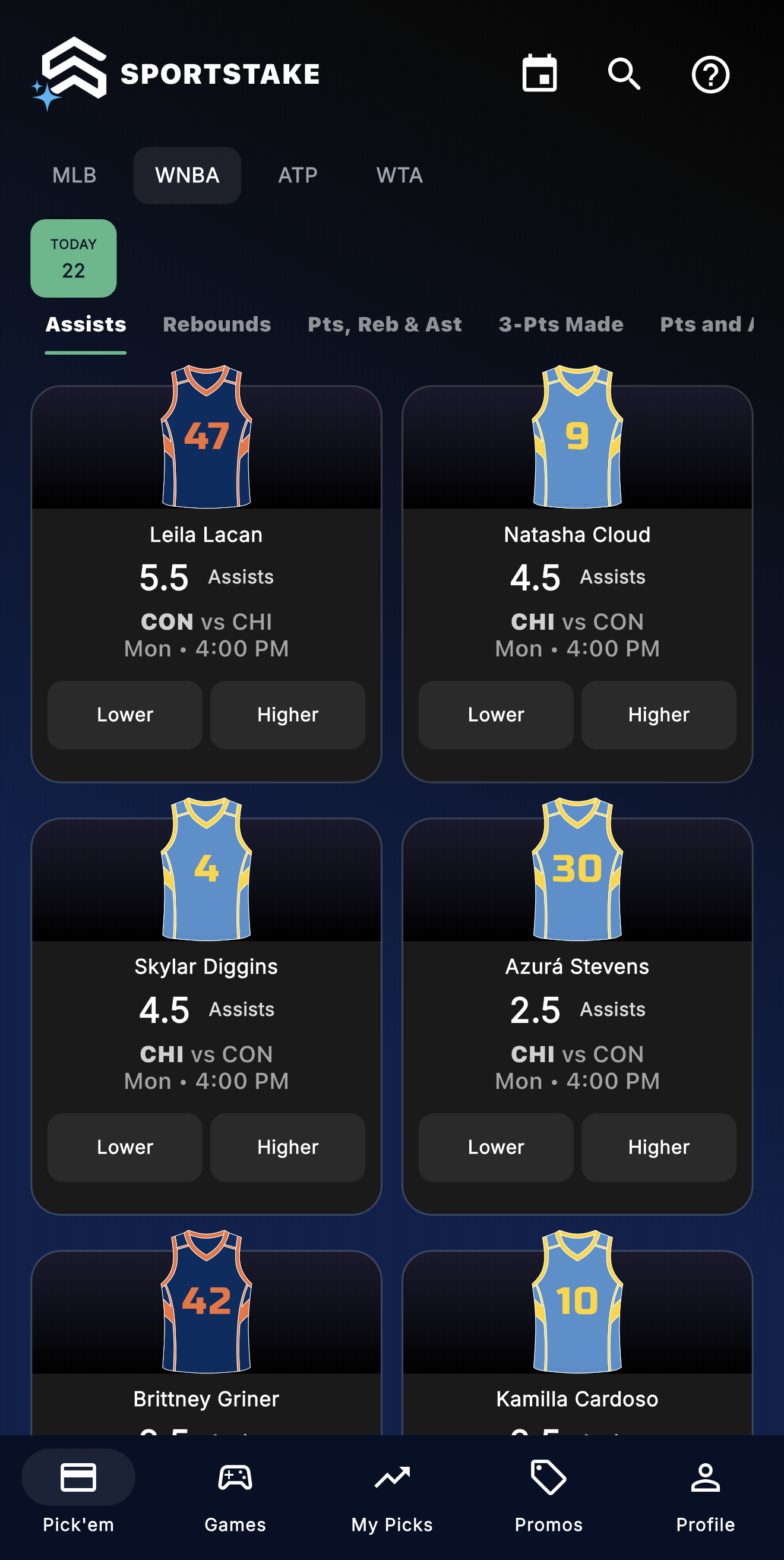SportStake Pick'em screen — choose Lower or Higher on player stat lines