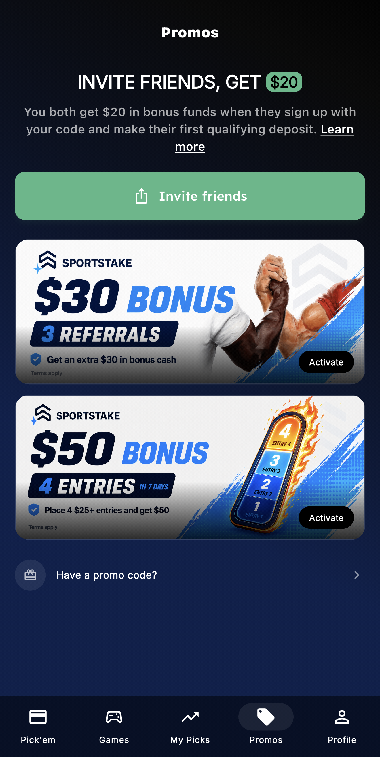 SportStake promos and referral screen